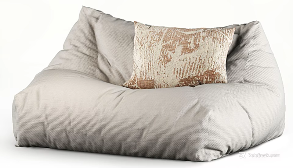 Beige Bean Bag Chair With Textured Fabric And Decorative Patterned Pillow 3d model 