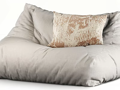 Beige Bean Bag Chair With Textured Fabric And Decorative Patterned Pillow 3d model