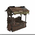 Rustic Vendor Stall With Weathered Wooden Planks Tattered Corrugated Metal Roof And Items