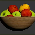 Wooden Fruit Bowl With Fresh Red Green Apples And Yellow Fruits On Kitchen Tabletop