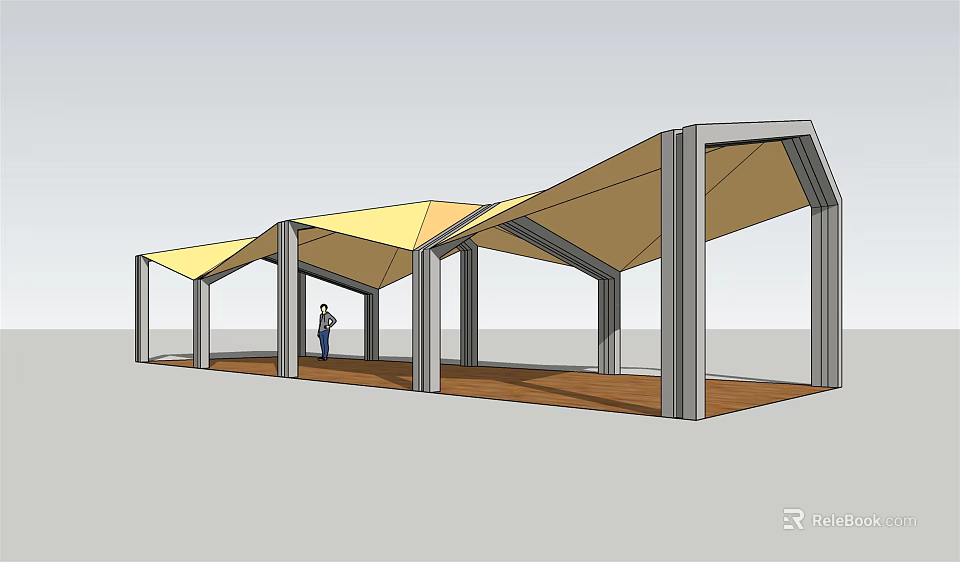 Modern Pergola Structure Featuring Yellow Canopy Gray Columns And Wooden Floor Leisure Space 3d model 