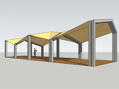 Modern Pergola Structure Featuring Yellow Canopy Gray Columns And Wooden Floor Leisure Space 3d model