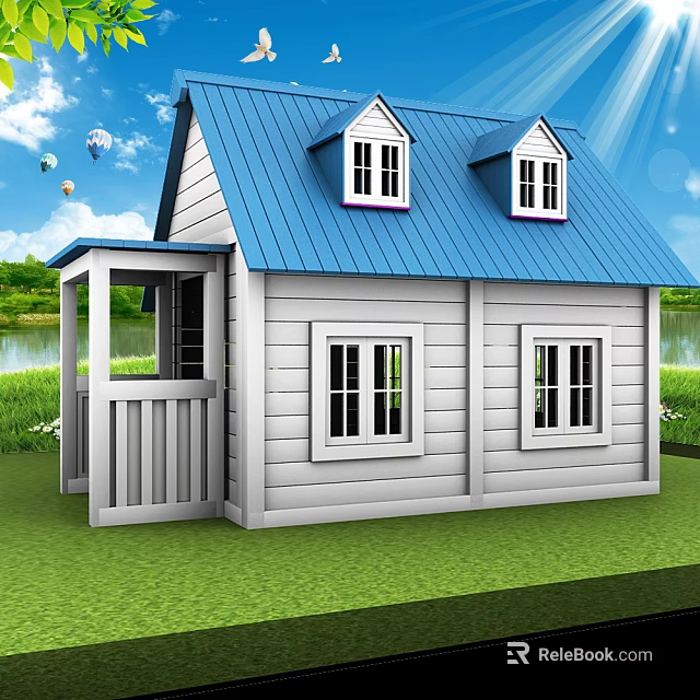White Wooden House With Blue Roof Dormer Windows Porch Green Lawn And Lake View 3d model 