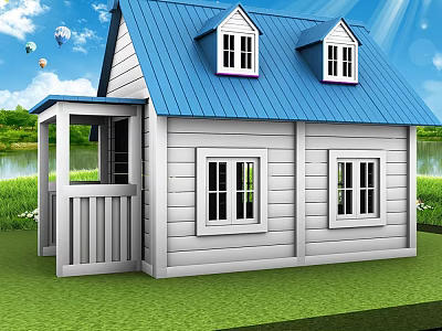 White Wooden House With Blue Roof Dormer Windows Porch Green Lawn And Lake View 3d model