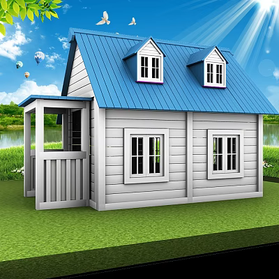 White Wooden House With Blue Roof Dormer Windows Porch Green Lawn And Lake View 3d model