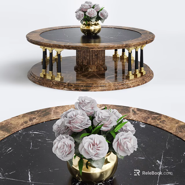 Luxurious Round Coffee Table With Black Marble Surface Gold Accents And White Roses 3d model 