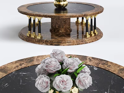 Luxurious Round Coffee Table With Black Marble Surface Gold Accents And White Roses 3d model