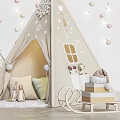 Dolls In Cozy Tepee With Snowflake Decorations Fairy Lights Small Houses Rocking Chair And Pillows