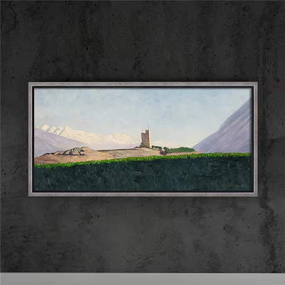Landscape Painting Featuring Distant Mountains Tower Green Field And Blue Sky Background 3d model