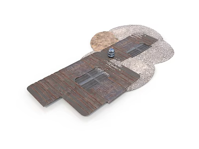 Wooden Platform Structural Model With Circular Stone Base And Metal Sphere 3d model
