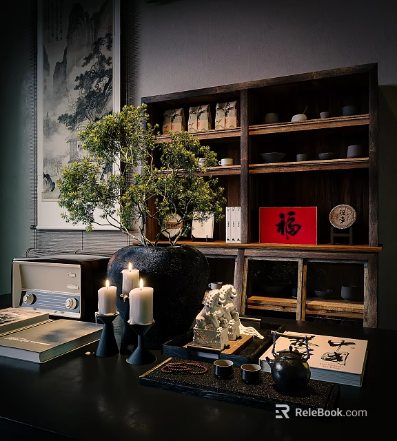 Chinese Style Decorative Ornaments Set With Wooden Shelf Green Plant Candles And Red Fu Character 3d model 