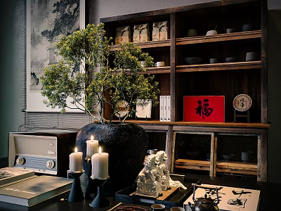 Chinese Style Decorative Ornaments Set With Wooden Shelf Green Plant Candles And Red Fu Character 3d model