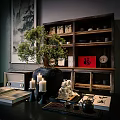 Chinese Style Decorative Ornaments Set With Wooden Shelf Green Plant Candles And Red Fu Character
