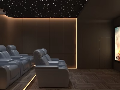 Luxurious Home Theater With Starry Ceiling Dark Wooden Walls Blue Leather Recliner Sofas And Large Screen 3d model