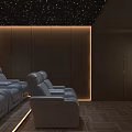 Luxurious Home Theater With Starry Ceiling Dark Wooden Walls Blue Leather Recliner Sofas And Large Screen