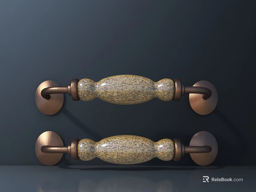 Brass Mounted Door Handles With Speckled Cream Surface On Dark Wall 3d model 