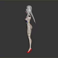 Game and Movie Character with Silver Hair Colorful Bodysuit Tattoos Red High Heels Arms Outstretched