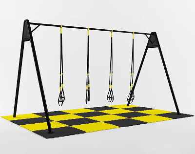 Outdoor Sports Equipment Black Swing Set With Four Swings On Yellow Black Checkered Mat 3d model