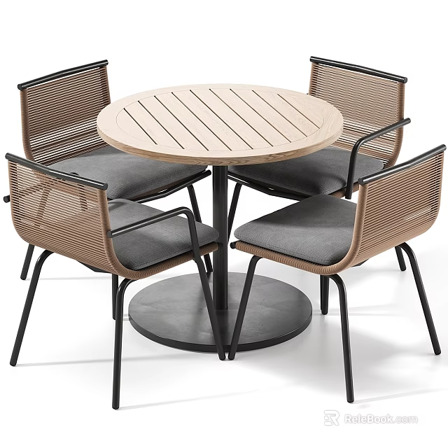 Round Wooden Table And Four Woven Chairs Set With Black Metal Frames And Gray Cushions 3d model 