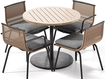 Round Wooden Table And Four Woven Chairs Set With Black Metal Frames And Gray Cushions 3d model