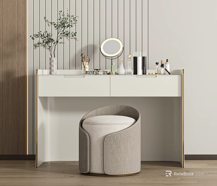 Modern White Vanity with Round Mirror Cosmetics Brushes and Round Stool Against Vertical Striped Wall 3d model 