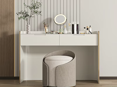 Modern White Vanity with Round Mirror Cosmetics Brushes and Round Stool Against Vertical Striped Wall 3d model