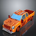 Orange Rusty Pickup Truck With Weathered Exterior And Blue Windshield