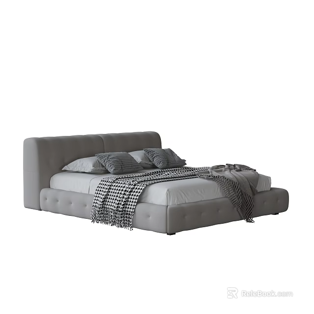 Gray Double Bed With Upholstered Headboard Button Tufted Pillows And Checkered Blanket 3d model