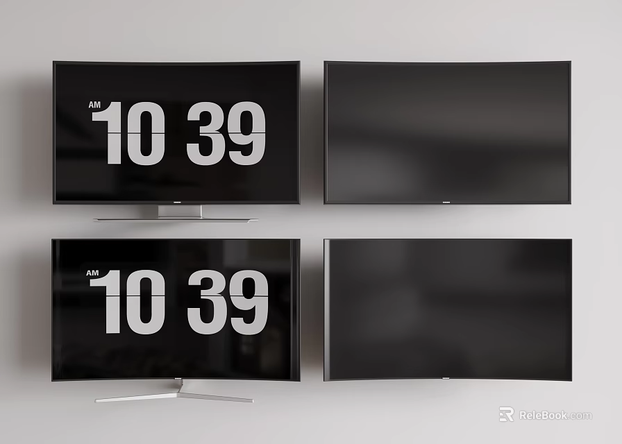 Four Televisions on White Wall with Some Screens Showing Time and Others Blank 3d model 