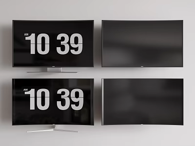 Four Televisions on White Wall with Some Screens Showing Time and Others Blank 3d model