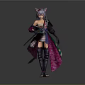 Detailed Anime Cat Ear Warrior Character In Kimono Outfit With Purple Pink Accents And Weapon