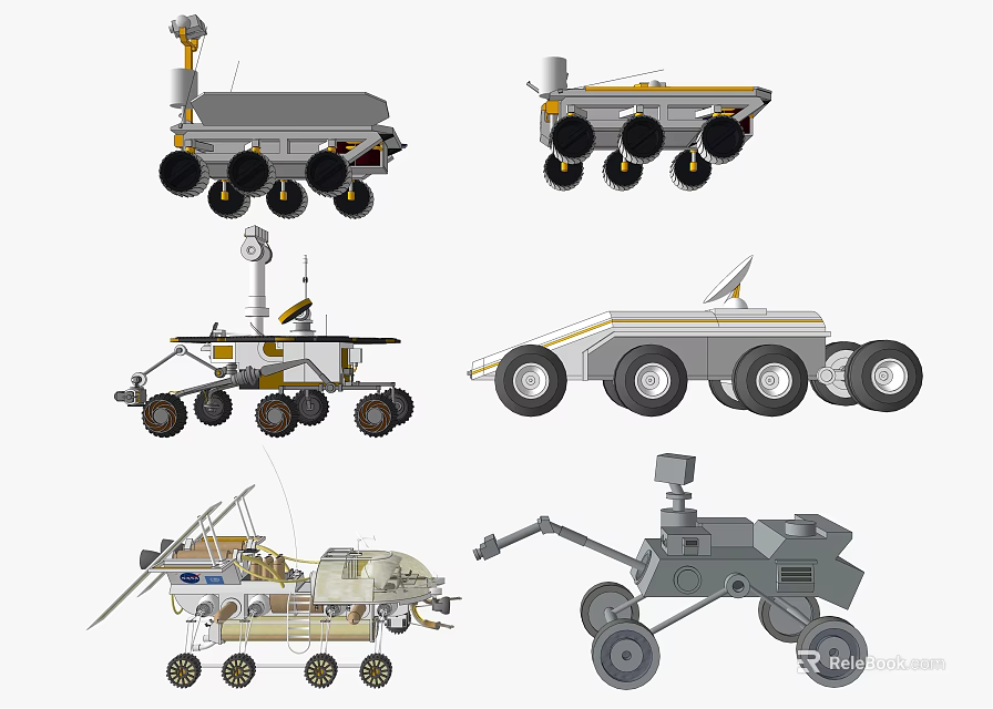 Detailed Illustrations of Various Lunar Rover Models for Space Missions 3d model 