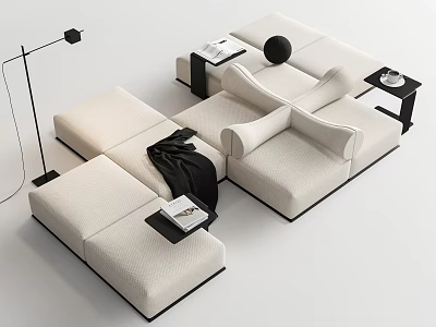 Modern Modular Sectional Sofa With Side Tables Floor Lamp And Throw Blanket 3d model