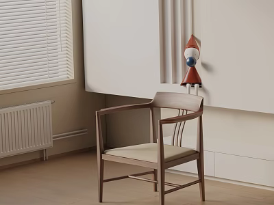 Elegant Wooden Frame Leisure Chair With Light Cushion And Red Decorative Ornament In Bright Room 3d model