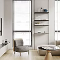 Modern Apartment Living Room With Light Gray Sofa Blue Cushions Large Windows And Dining Table