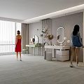 Modern White Dressing Table Interior With Round Mirror Greenery And Pendant Lights