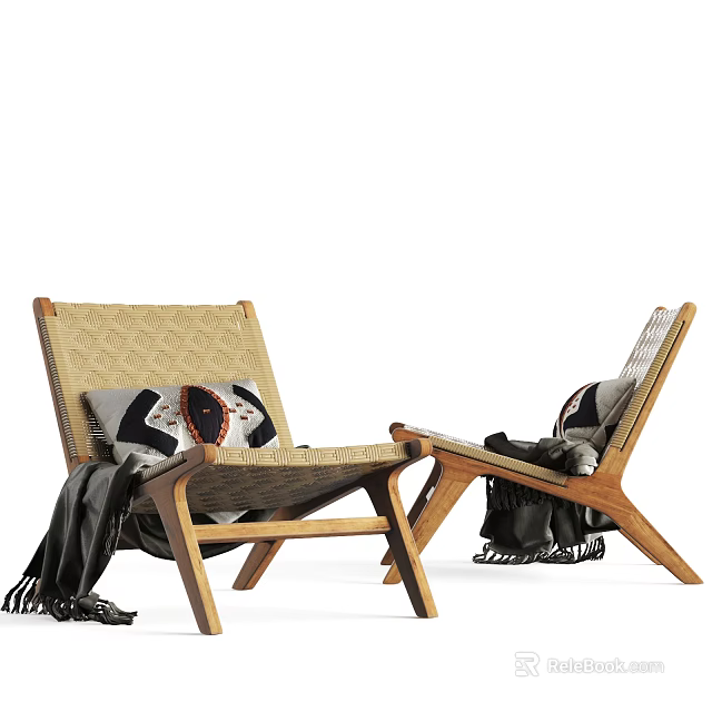 Modern Lounge Chair With Wooden Frame Woven Seat Patterned Cushions And Throw Blanket 3d model 
