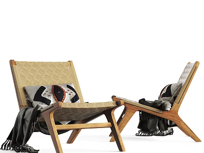 Modern Lounge Chair With Wooden Frame Woven Seat Patterned Cushions And Throw Blanket 3d model