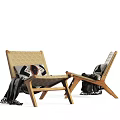 Modern Lounge Chair With Wooden Frame Woven Seat Patterned Cushions And Throw Blanket