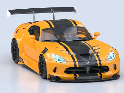 Yellow Sports Car With Black Stripes Rear Spoiler Black Wheels Sporty Exterior Design 3d model