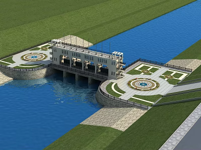 Sluice Gate Structure Featuring Symmetrical Circular Areas Green Grassland And Blue Water 3d model