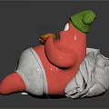 Red Game Movie Character In Green Hat White Diaper Holding Hamburger With Pillow And Cigarette