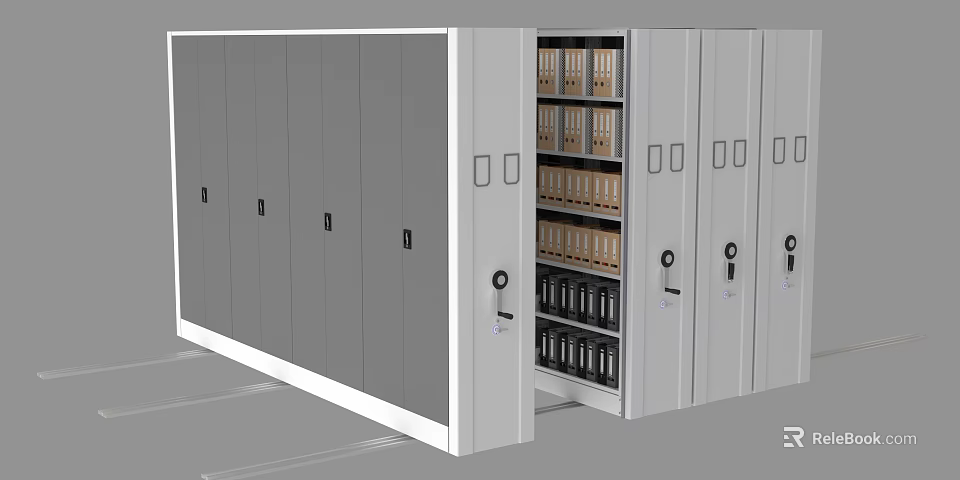 Modern Gray Bookcase With Lockable Doors And Multiple Files Storage Compartments 3d model 