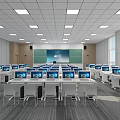 Modern Conference Room Interior Featuring Computers Tables Chairs Green Board Large Screen And Windows 3d model