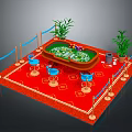 Casino Poker Table And Blue Chairs In Setting With Red Carpet And Decorative Plants