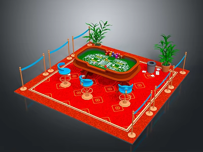 Casino Poker Table And Blue Chairs In Setting With Red Carpet And Decorative Plants 3d model