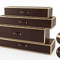 Console Table Decorative Boxes With Brown Leather Texture And Brass Trim Handles