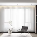 Modern Room White Vertical Blinds With Black Rocking Chair Round Table Vase Plant And Bookshelf