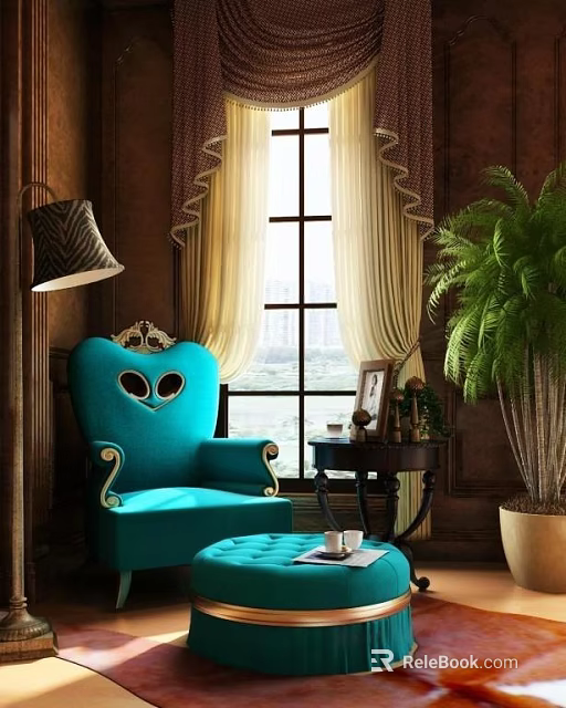 Turquoise Accent Chair With Gold Accents Near Window And Curtains In Elegant Interior 3d model 