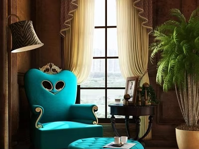 Turquoise Accent Chair With Gold Accents Near Window And Curtains In Elegant Interior 3d model